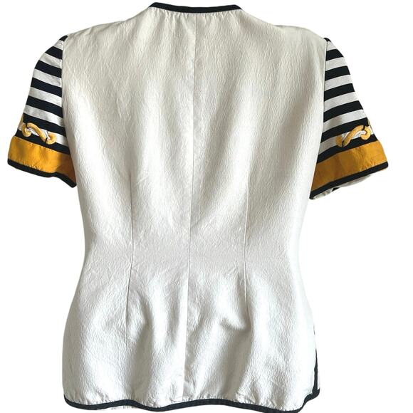 Vintage Saks Fifth Avenue Silk‎ Top Sz 16 Nautical Stripe Puff Sleeve Gold Trim - Picture 5 of 6